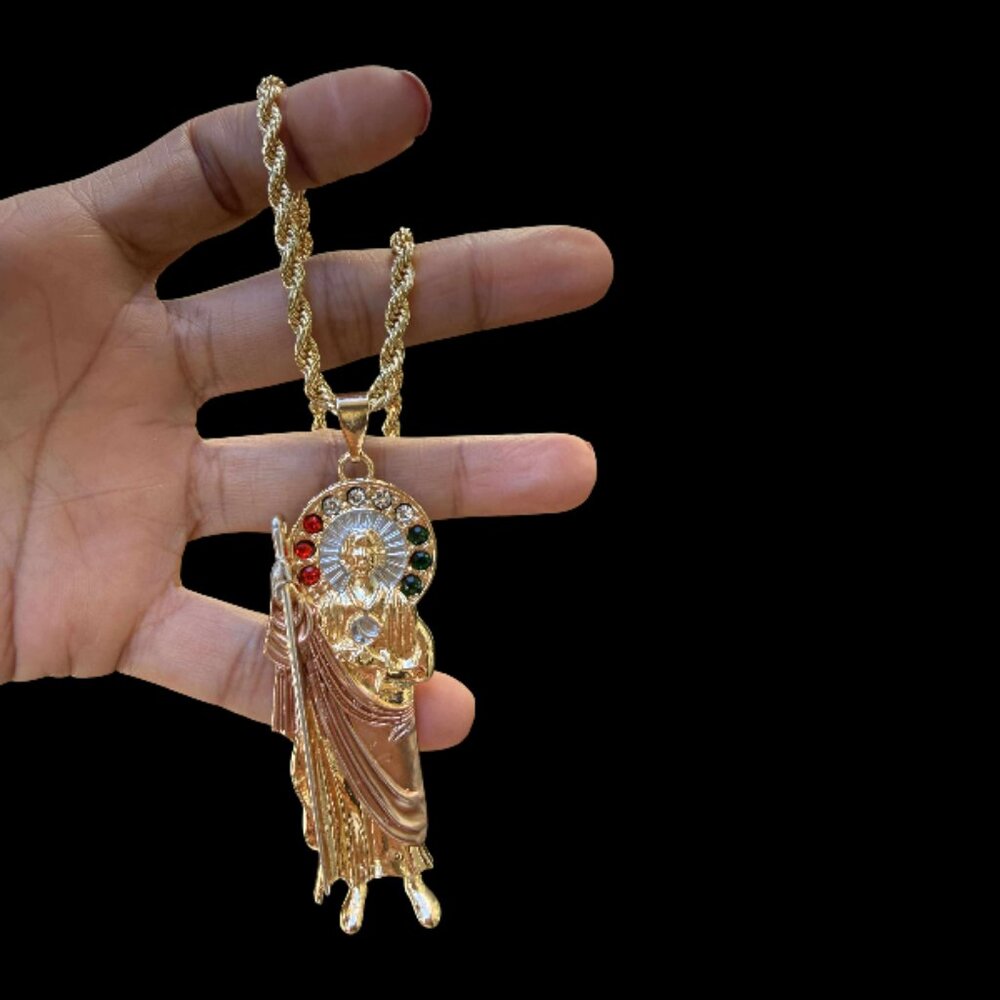 San Judas Tadeo 3" Big Pendant Necklace 14K GP Religious CZ Rope Torch Chain